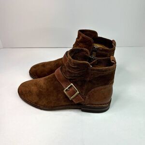 Trask Naomi Suede Brown Ankle Boots Low Cut Booties Buckle Leather Comfy NWOT
